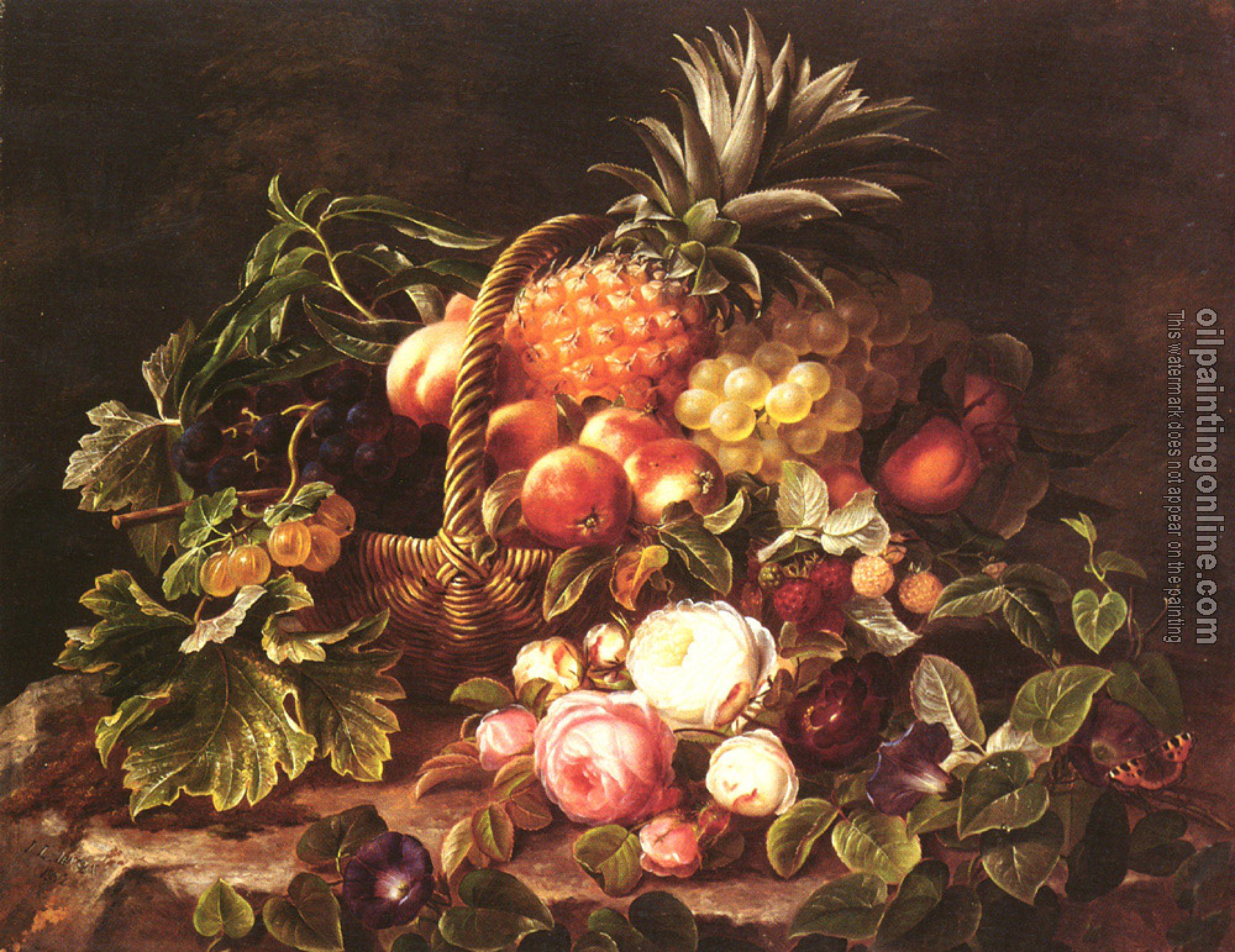 Johan Laurentz Jensen - A Still Life Of A Basket Of Fruit And Roses